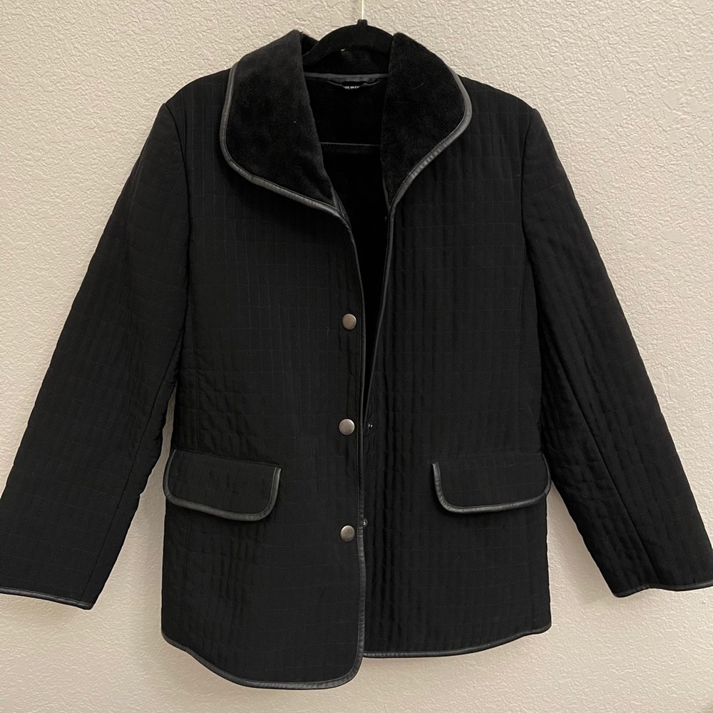Talbots Jacket Black Quilted Faux Leather Trim